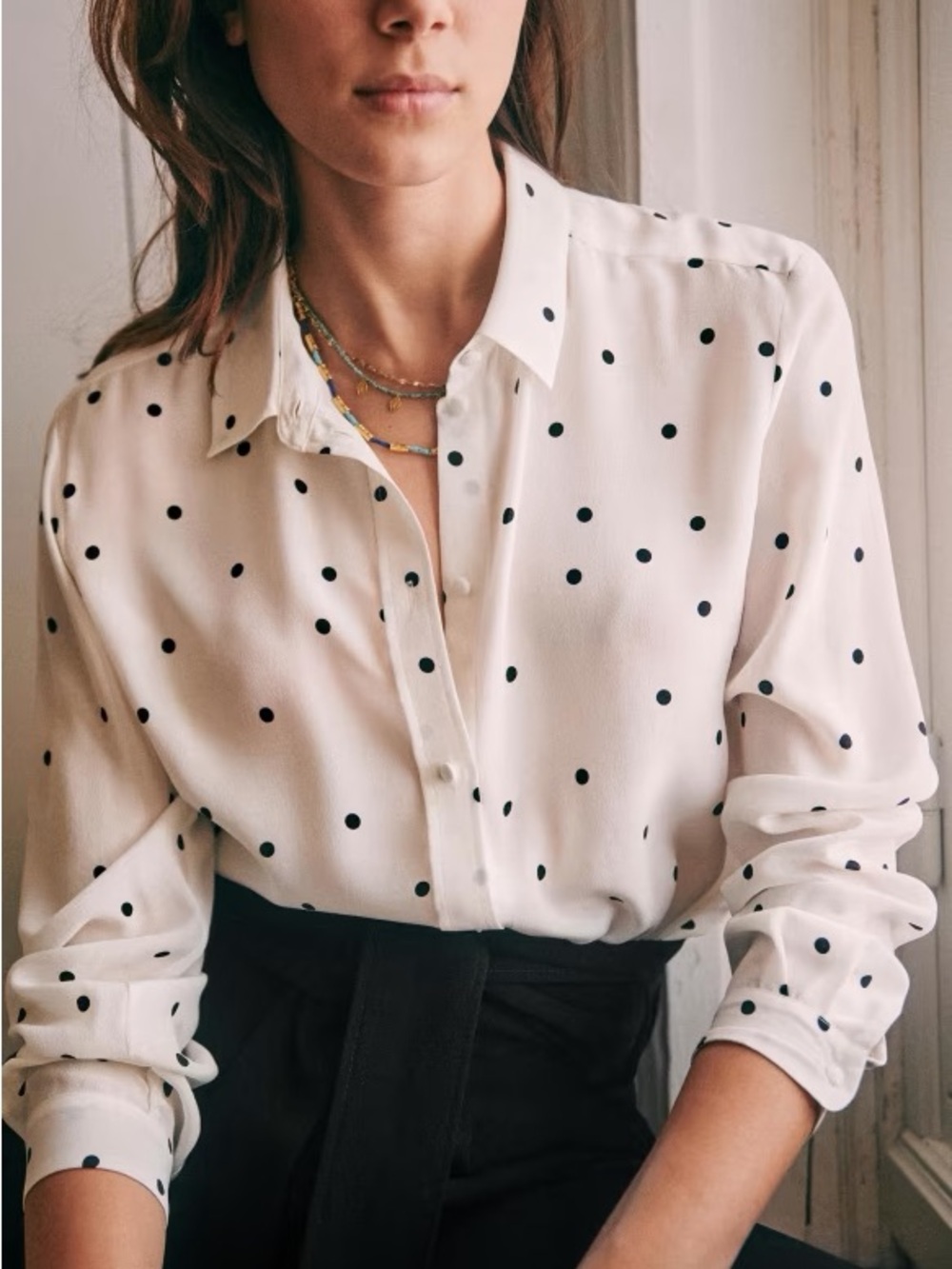 Sezane White w/ Black Polka Dots 100% Silk Ann Button Up Blouse Sz. 32